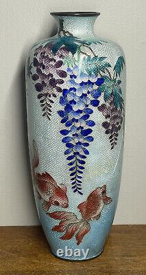 12 FINE Antique Japanese Meiji Signed Ginbari Cloisonne Wisteria Fish Vase