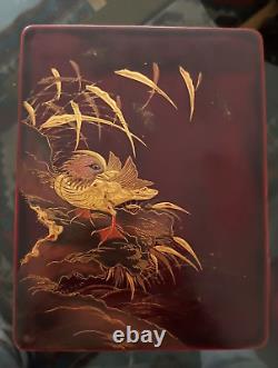 19th C Fine Antique Japanese Lacquer Box with Mandarin Duck among Bamboo Meij