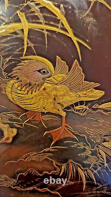 19th C Fine Antique Japanese Lacquer Box with Mandarin Duck among Bamboo Meij