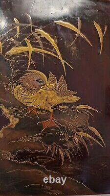 19th C Fine Antique Japanese Lacquer Box with Mandarin Duck among Bamboo Meij