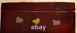 19th C Fine Antique Japanese Lacquer Box with Mandarin Duck among Bamboo Meij