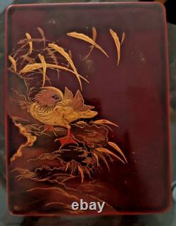 19th C Fine Antique Japanese Lacquer Box with Mandarin Duck among Bamboo Meij