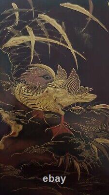 19th C Fine Antique Japanese Lacquer Box with Mandarin Duck among Bamboo Meij