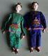 2 Fine Antique Carved Wood Jointed Japanese Opera Dolls in Silk Clothes