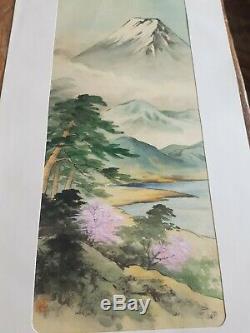 3 Antique Signed japanese fine art oriental Watercolours Silk Panels mount fuji