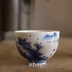 4 VERY FINE Japanese Meiji 19th Century Blue & White Black Cups Landscape