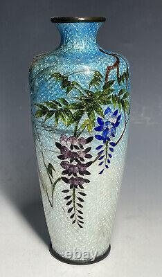 5 3/4 FINE Antique Japanese Meiji Ginbari Cloisonne Wisteria Flower Foil Vase