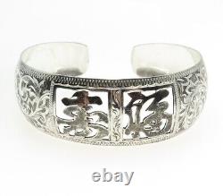 925 Sterling Silver Antique Kanji Japanese Engraved Cuff Bracelet 6.75