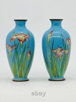 A Fine Japanese Cloisonné Enamel Pair Of Vases With Irises. Meiji Era