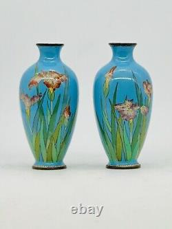 A Fine Japanese Cloisonné Enamel Pair Of Vases With Irises. Meiji Era