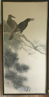 A Fine Large Meiji Period Sumi-e Ink Painting On Silk Of 2 Crows. Signed