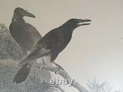 A Fine Large Meiji Period Sumi-e Ink Painting On Silk Of 2 Crows. Signed