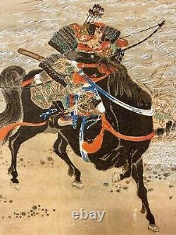 ANTIQUE Japanese Woodblock Watercolor Samurai Warrior Black Horse Fine Detail