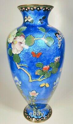 Antique 19th Century Japanese Fine Enamel Flowers and Butterflies on Brass Vase