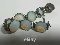 Antique Art Deco Sterling Silver Blue Opaline Crystal Glass Japanese Bracelet