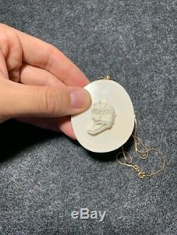 Antique Carved Bovine Bone Japanese Hannya Noh Pendant 14K Gold Chain Necklace