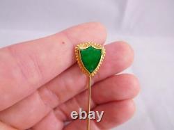 Antique Chinese Japanese Export 24k Yellow Gold `shield Jade Stone Hat Stick Pin