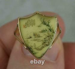Antique Chinese Japanese Gold Ring Fine Carved Miniature Art Painting Asian