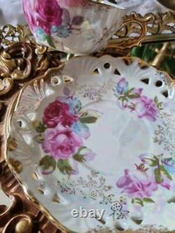 Antique Fine China Made in Japan Lovely Rose Pattern 3 feet Tea Cup and Saucer