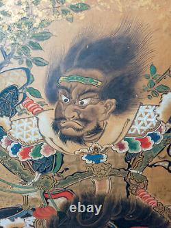 Antique Fine Chinese Japanese Painted Folding Floor Screen Warriors As Is
