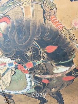 Antique Fine Chinese Japanese Painted Folding Floor Screen Warriors As Is