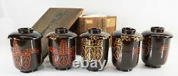Antique Fine Japanese Boxed Set of 5 Lacquer Tea Wine Cups Signed