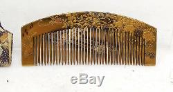 Antique Fine Japanese Gold Lacquer Comb Kushi Yamanaka Signed Agate Butterfly