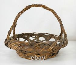 Antique Fine Japanese Woven Bamboo Reed Ikebana Flower Basket Signed
