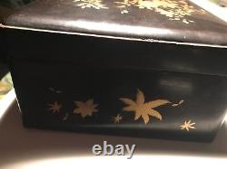 Antique Fine Meiji Japanese Lacquer Box Makie Sparrow & Peonies & Maple Leaf