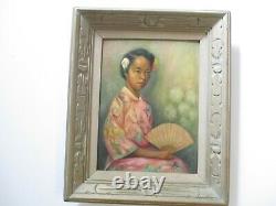 Antique Fine Old Asian Painting Chinese Or Japanese Girl With Fan 1930's Art