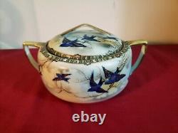 Antique Fine Porcelain Bluebird Bowl Lid Hand Painted Japan