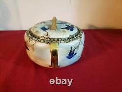 Antique Fine Porcelain Bluebird Bowl Lid Hand Painted Japan