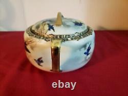 Antique Fine Porcelain Bluebird Bowl Lid Hand Painted Japan