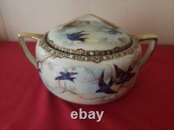 Antique Fine Porcelain Bluebird Bowl Lid Hand Painted Japan