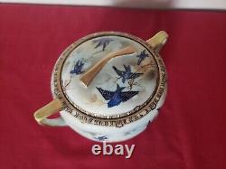 Antique Fine Porcelain Bluebird Bowl Lid Hand Painted Japan