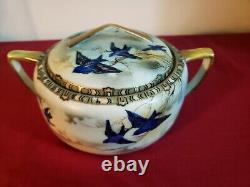 Antique Fine Porcelain Bluebird Bowl Lid Hand Painted Japan