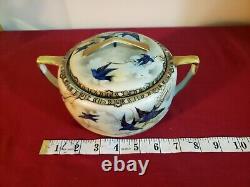 Antique Fine Porcelain Bluebird Bowl Lid Hand Painted Japan