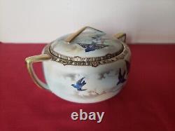 Antique Fine Porcelain Bluebird Bowl Lid Hand Painted Japan