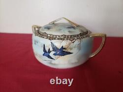 Antique Fine Porcelain Bluebird Bowl Lid Hand Painted Japan