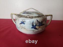 Antique Fine Porcelain Bluebird Bowl Lid Hand Painted Japan