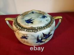 Antique Fine Porcelain Bluebird Bowl Lid Hand Painted Japan