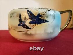 Antique Fine Porcelain Bluebird Bowl Lid Hand Painted Japan