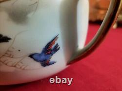 Antique Fine Porcelain Bluebird Bowl Lid Hand Painted Japan