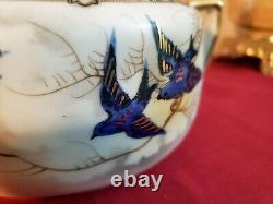 Antique Fine Porcelain Bluebird Bowl Lid Hand Painted Japan