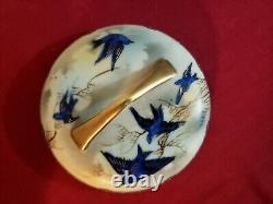 Antique Fine Porcelain Bluebird Bowl Lid Hand Painted Japan