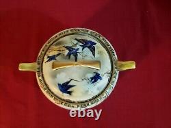 Antique Fine Porcelain Bluebird Bowl Lid Hand Painted Japan