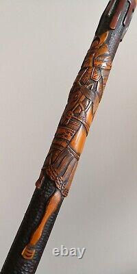 Antique Finely Carved Japanese 3 Samurais Bamboo Walking Stick / Cane