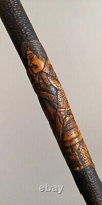 Antique Finely Carved Japanese 3 Samurais Bamboo Walking Stick / Cane