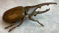 Antique Finely Cast Japanese Rhino Rhinoceros Beetle Netsuke Brass Okimono