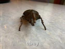 Antique Finely Cast Japanese Rhino Rhinoceros Beetle Netsuke Brass Okimono